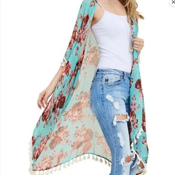 RIAH Green Kimono Floral Fringe Plus EUC 1X 2X L XL - Picture 1 of 8